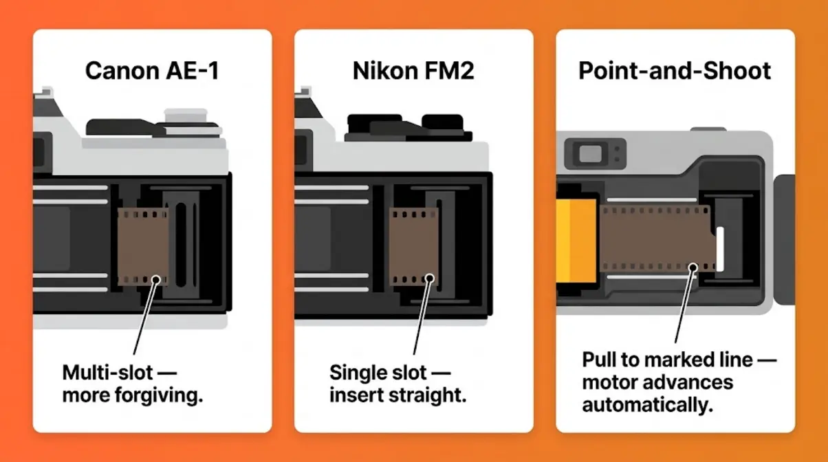 Canon AE-1, Nikon FM2, and point-and-shoot camera film loading comparison showing take-up spool differences