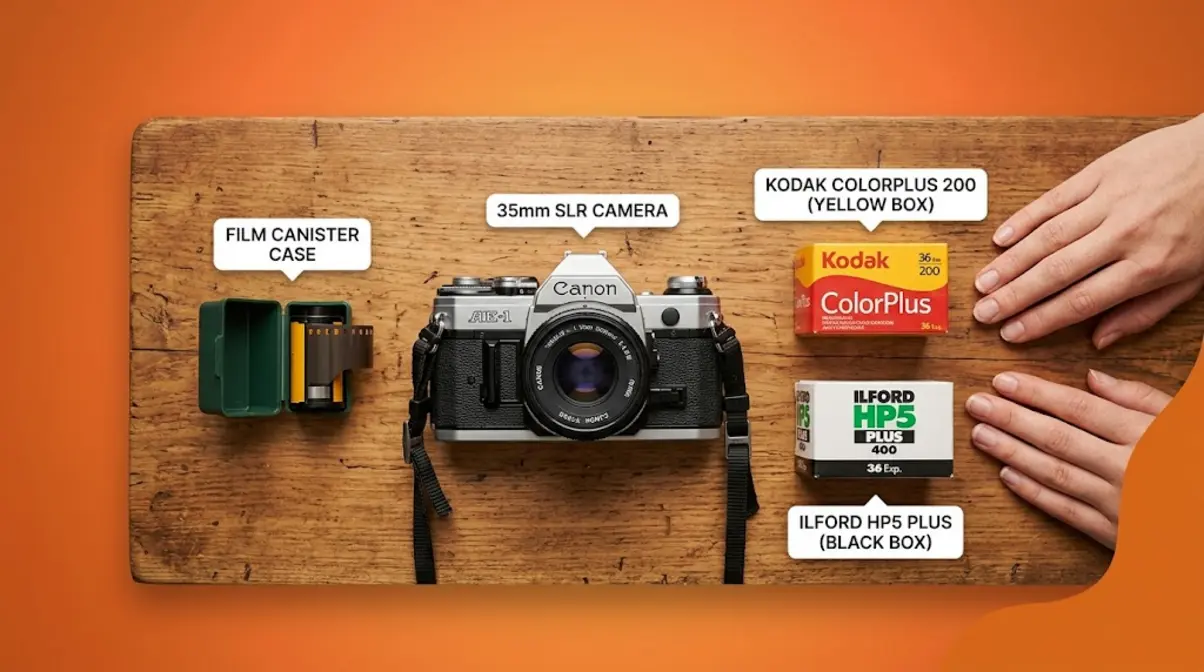 Materials needed to change film in a 35mm camera including film rolls, camera, and film canister case
