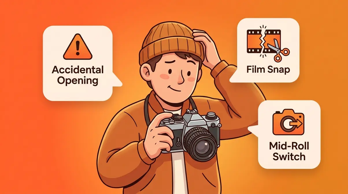 Beginner photographer troubleshooting common film camera mistakes with warning icons