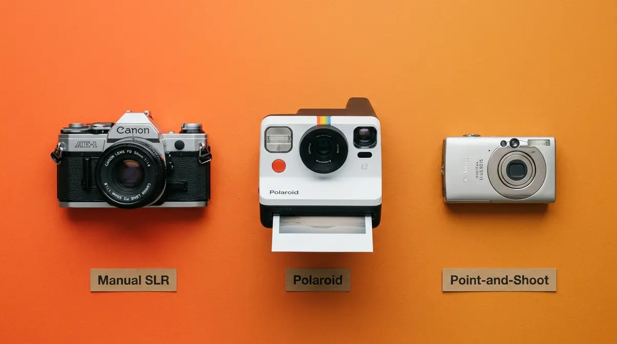 Three film camera types side by side — manual SLR, Polaroid, and point-and-shoot cameras