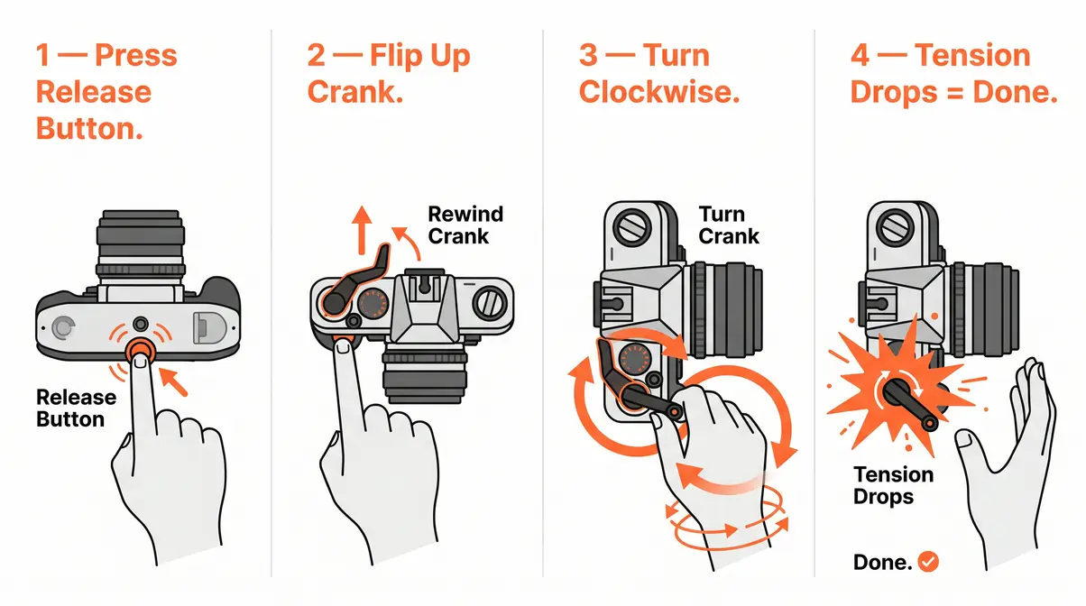 Step-by-step diagram showing how to rewind film in a 35mm camera using the rewind crank