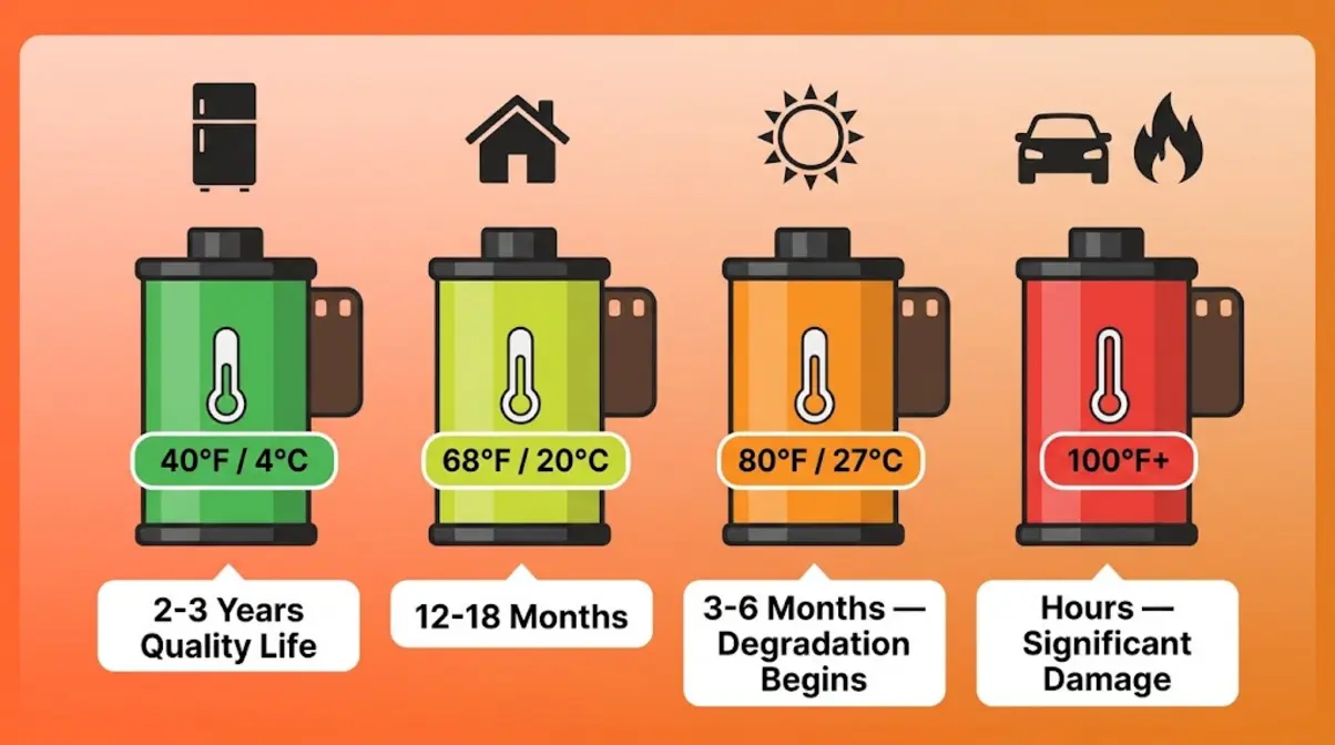 Film storage temperature guide showing how heat affects unused 35mm film longevity from refrigerator to hot car