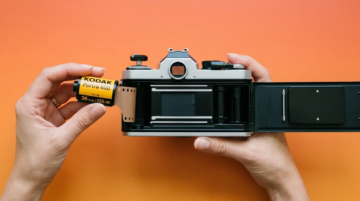 Hands loading a fresh 35mm film canister into an open SLR camera film chamber