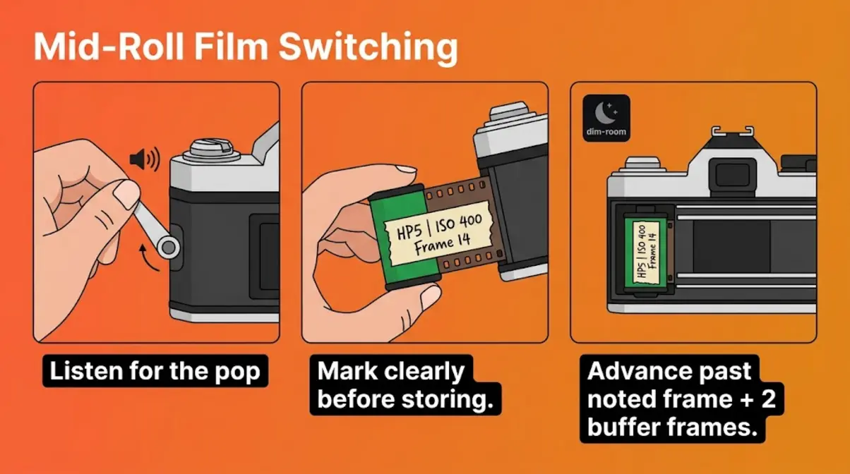Mid-roll film switching technique showing rewind, canister removal with labeling, and careful reload steps
