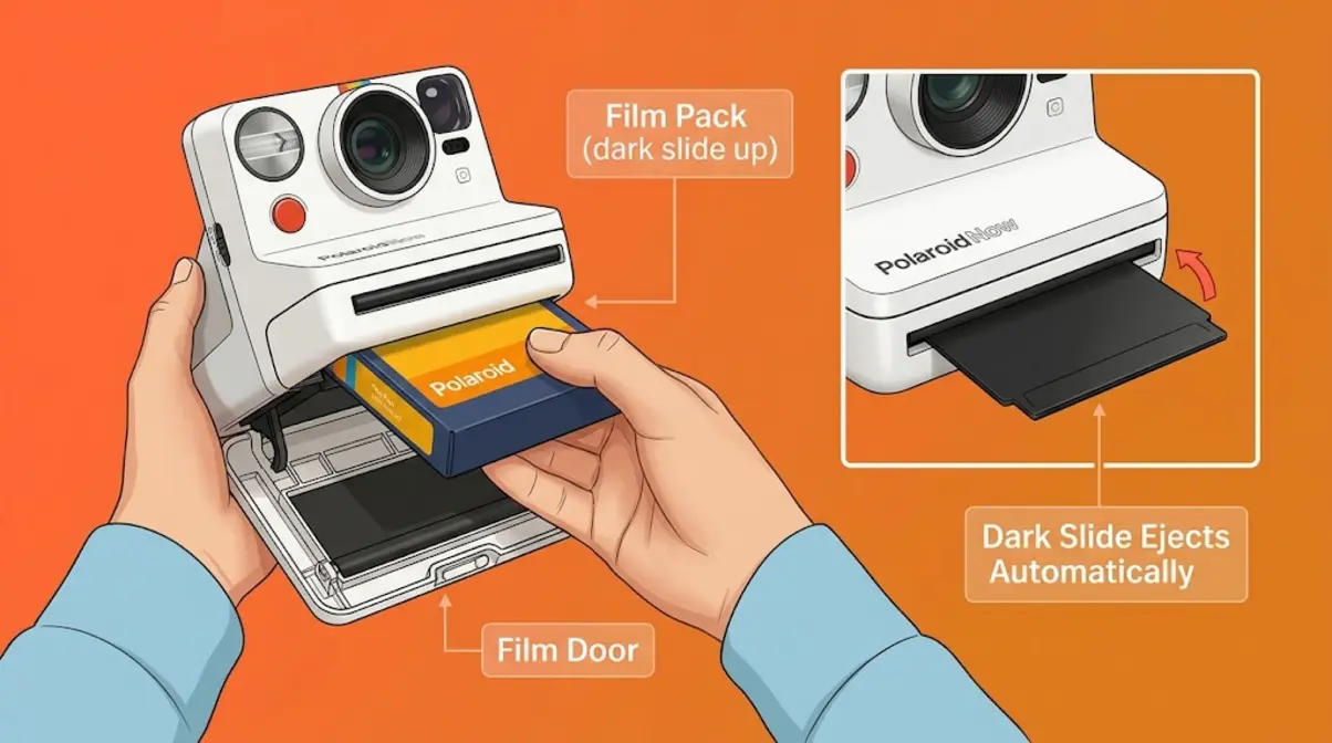 Polaroid camera with film door open showing instant film pack being inserted with dark slide facing up