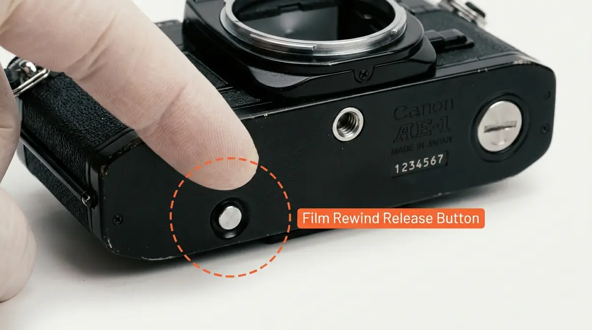 Close-up of finger pressing the film rewind release button on Canon AE-1 camera base