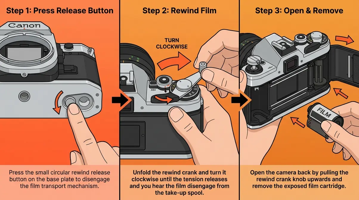 Three-step illustration showing how to unload 35mm film from a camera safely