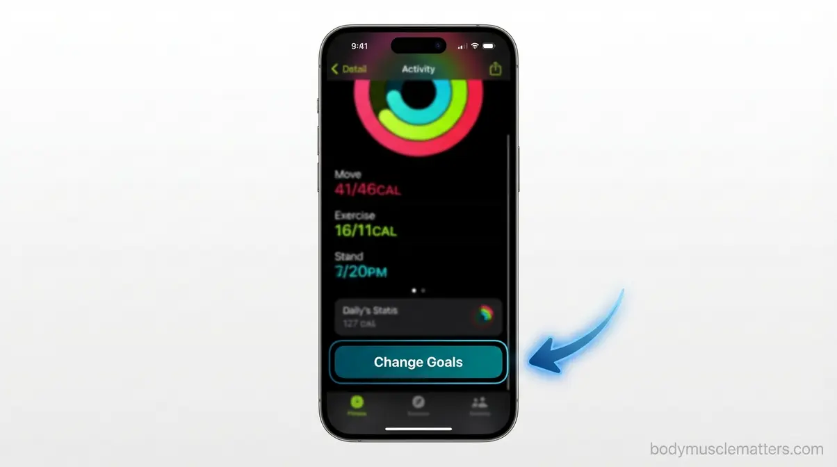 Scrolled iOS 18 Fitness app activity detail screen showing the Change Goals button location
