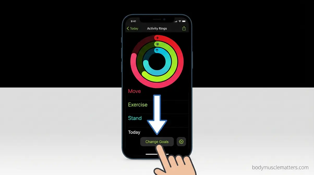 iPhone showing Fitness app Activity Rings with Change Goals button highlighted for step-by-step goal editing