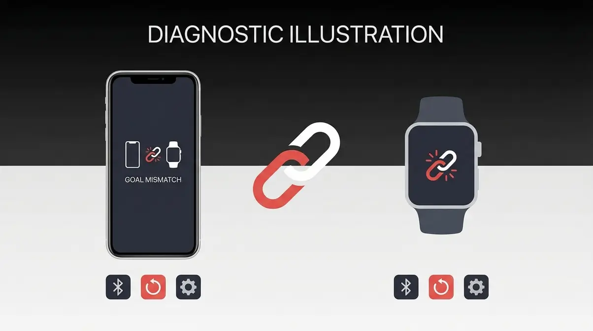 iPhone and Apple Watch showing sync mismatch icon with troubleshooting steps for Fitness app goal problems