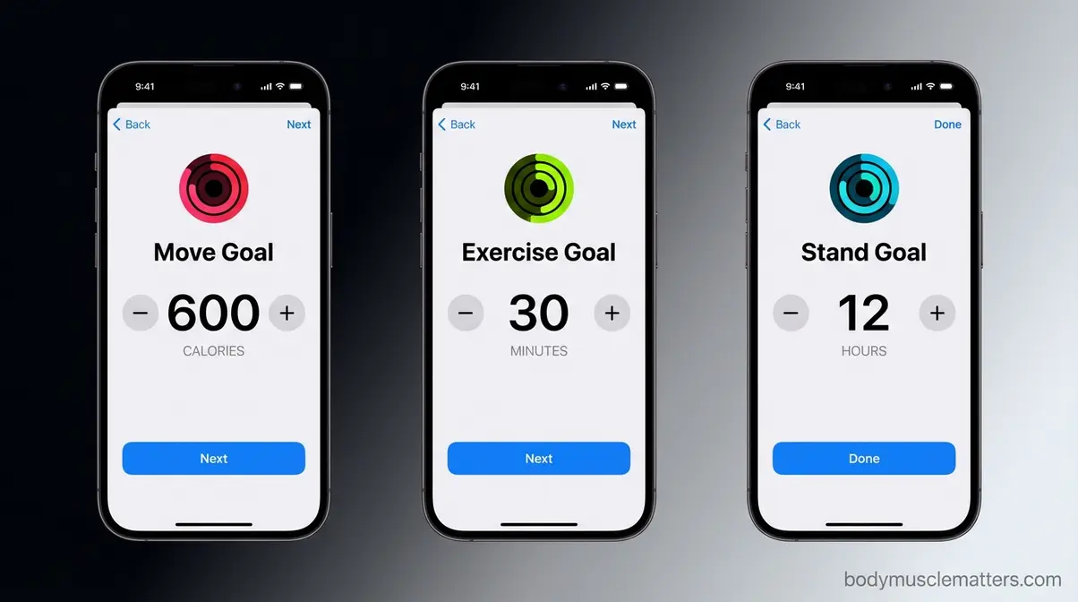 iOS 18 Fitness app goal adjustment screens for Move Exercise and Stand rings shown side by side