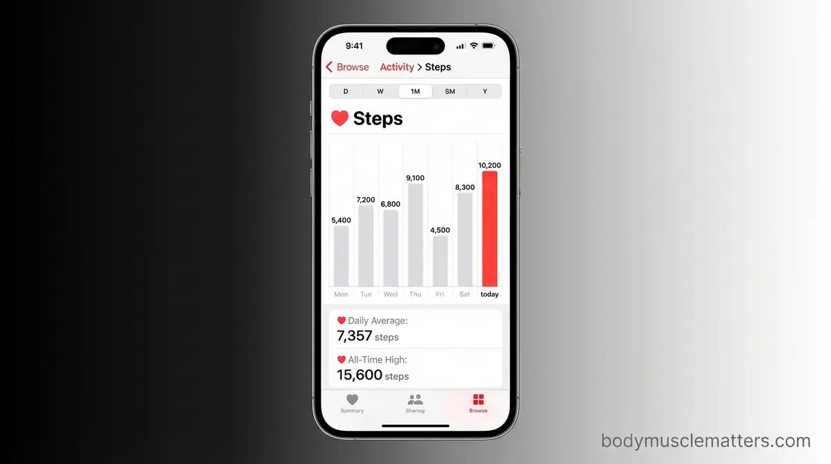 Apple Health app Steps view showing daily step count and weekly tracking data on iPhone