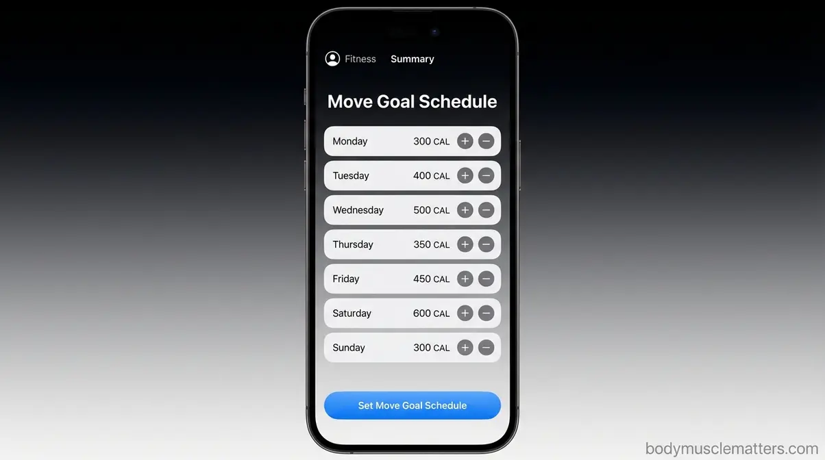 iOS 18 Fitness app schedule screen showing different Move goals set for each day of the week