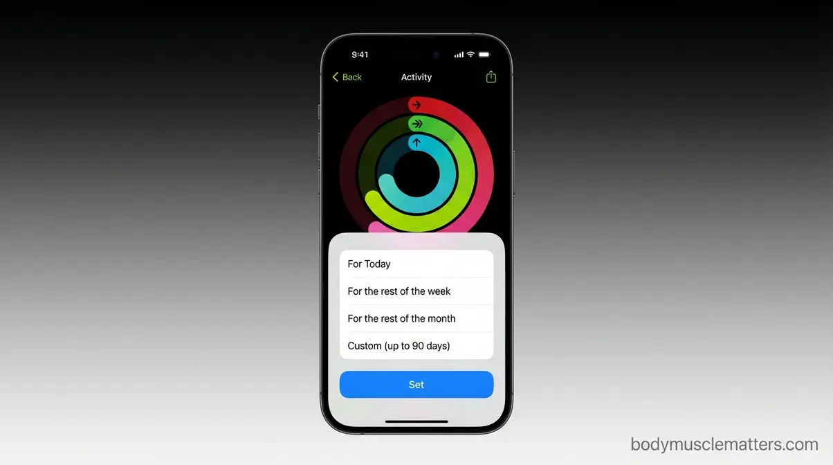 iOS 18 Fitness app Pause Ring screen showing duration options for today week month and custom up to 90 days