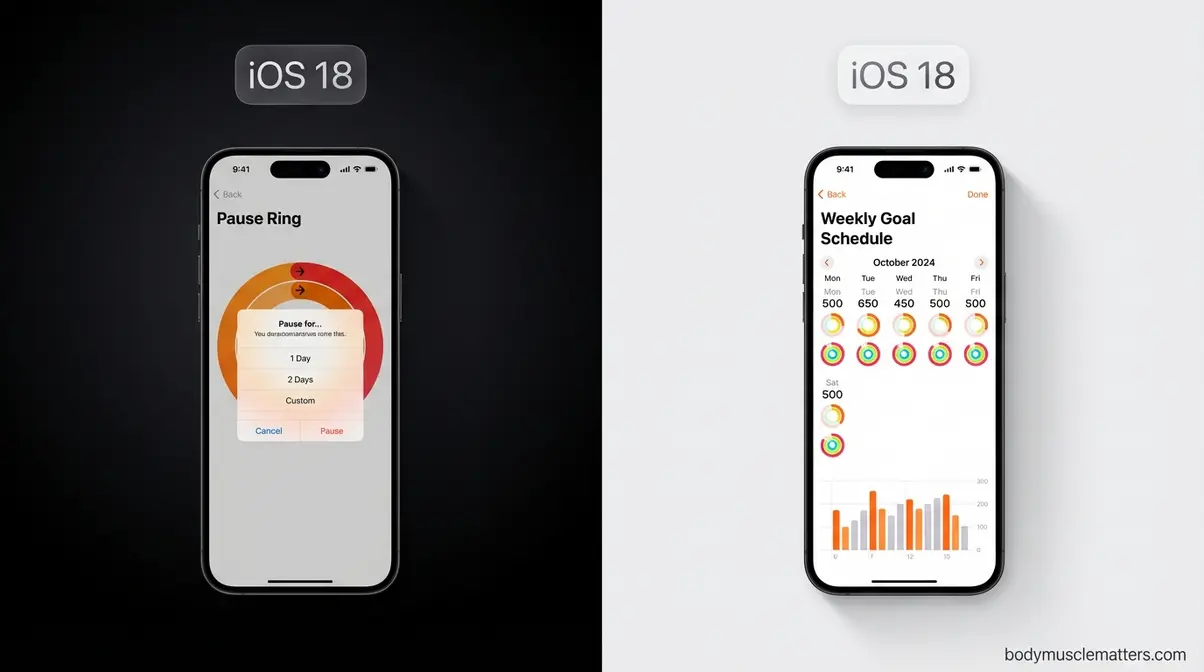 Two iPhones showing iOS 18 Fitness app Pause Ring and goal scheduling screens side by side