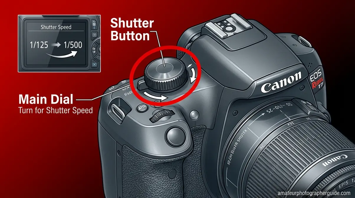 Annotated Canon camera showing Main Dial location near shutter button for changing shutter speed