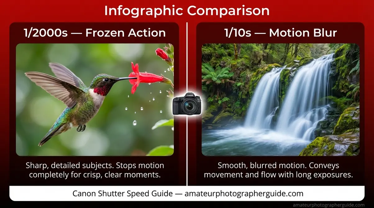 Fast vs. slow shutter speed on Canon camera — frozen action vs. motion blur side by side
