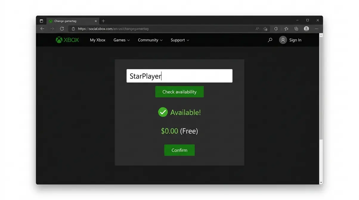 Xbox gamertag entry screen showing name input field and green availability check confirmation