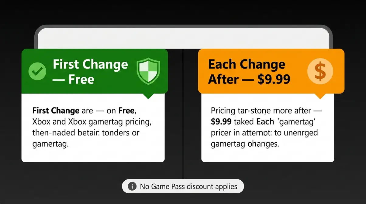 Xbox gamertag pricing comparison showing first change free versus nine ninety-nine for subsequent changes