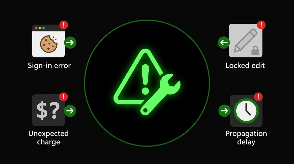 Xbox gamertag troubleshooting guide showing common issues including sign-in errors and unexpected charges