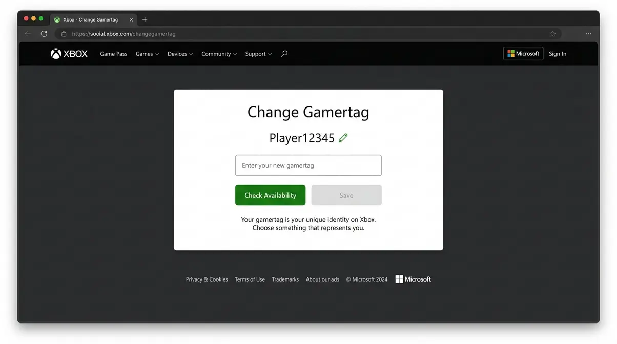 Xbox website social.xbox.com gamertag change portal showing sign-in and edit screen