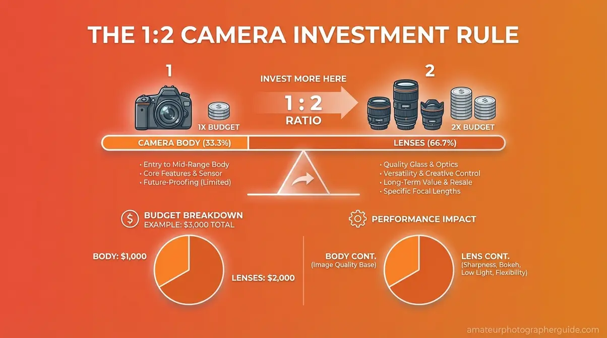Infographic showing how to choose a camera budget using the 1 to 2 body to lens ratio rule