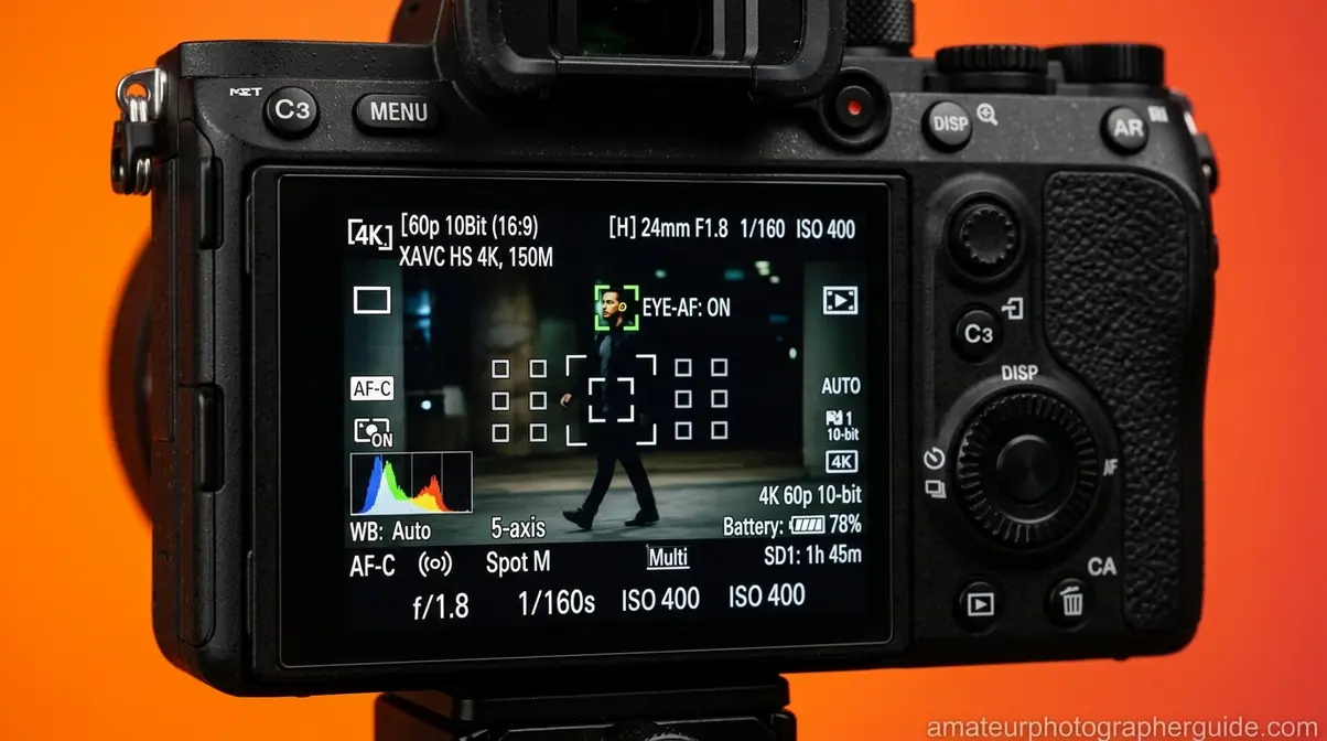 Mirrorless camera digital display showing autofocus points and technical specifications