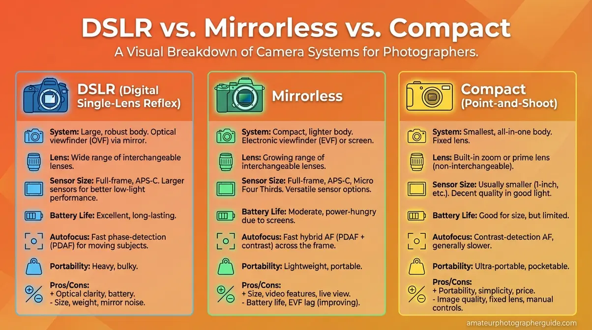 Infographic comparing how to choose a camera between DSLR mirrorless and compact systems