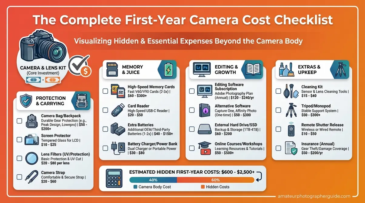 Checklist of hidden costs when buying a camera including memory cards batteries bag and editing software