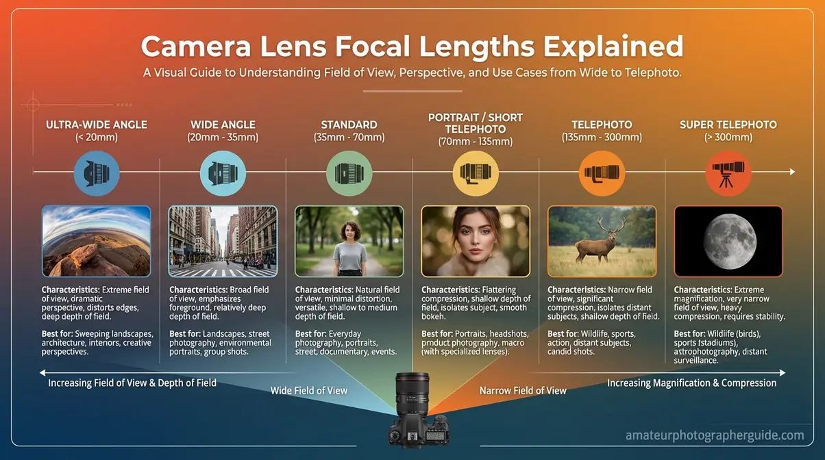 Cheat sheet showing how to choose a camera lens based on focal length from wide angle to telephoto