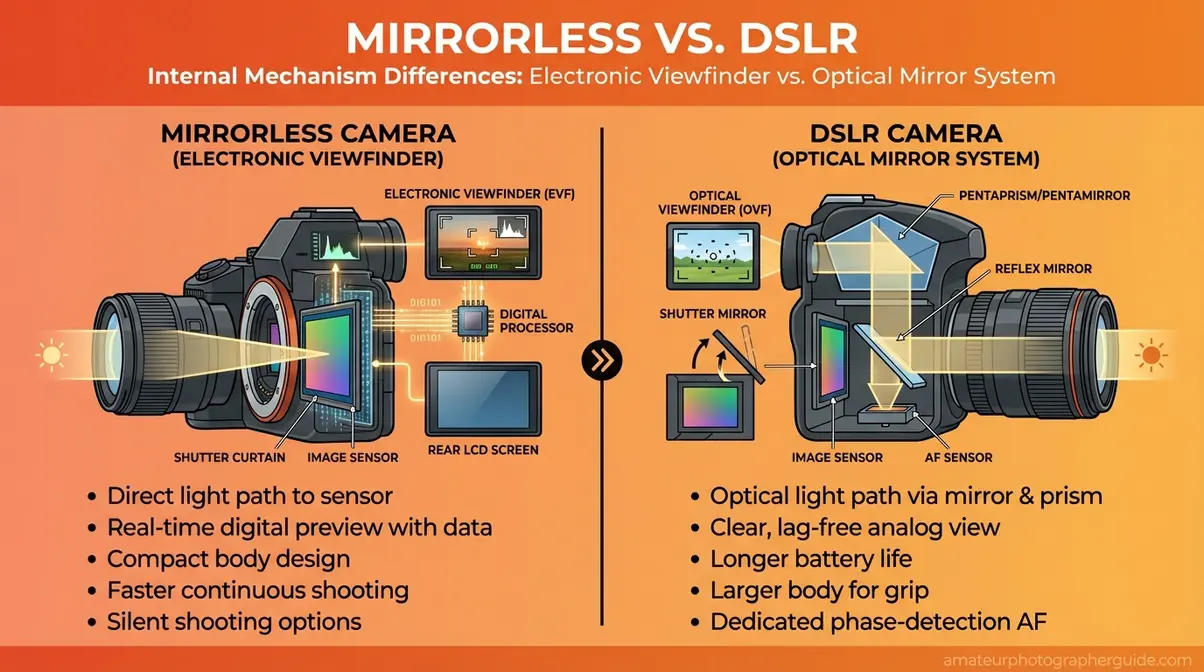 Diagram showing how mirrorless camera electronic viewfinder differs from DSLR optical mirror system