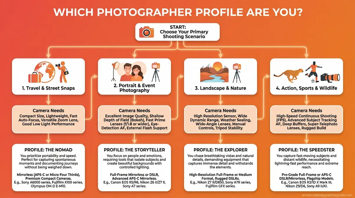 Decision tree showing how to choose a camera based on four photographer profiles