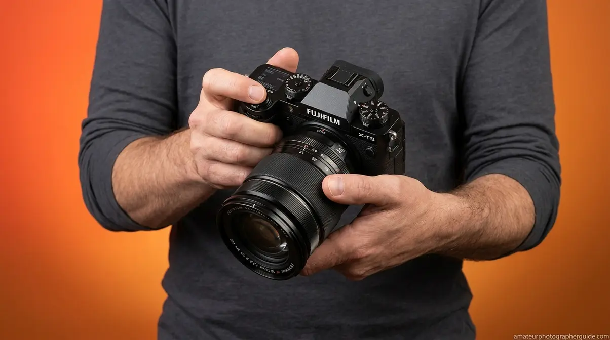 Person holding and testing a digital camera to evaluate grip and ergonomics