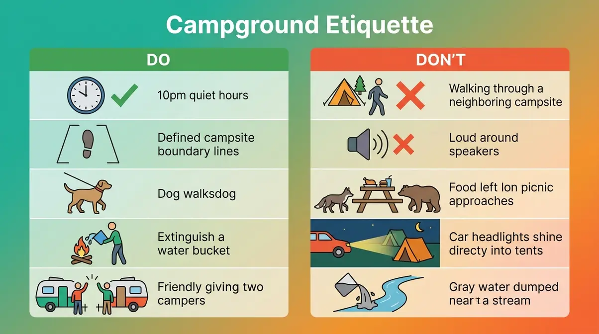 Campground etiquette dos and don'ts illustrated guide showing quiet hours, site boundaries, and fire safety rules