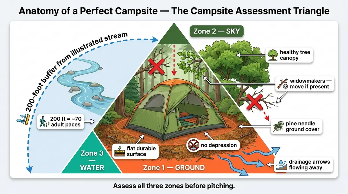 How to choose a campsite infographic showing the Campsite Assessment Triangle framework with Ground, Sky, and Water assessment zones for beginners