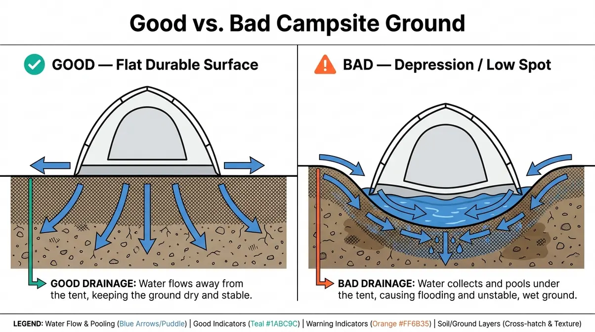 Diagram comparing ideal flat campsite ground versus a drainage depression showing water pooling risk