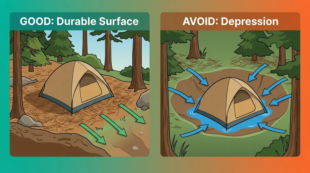 Campsite ground evaluation showing good flat durable surface versus a water-pooling depression to avoid