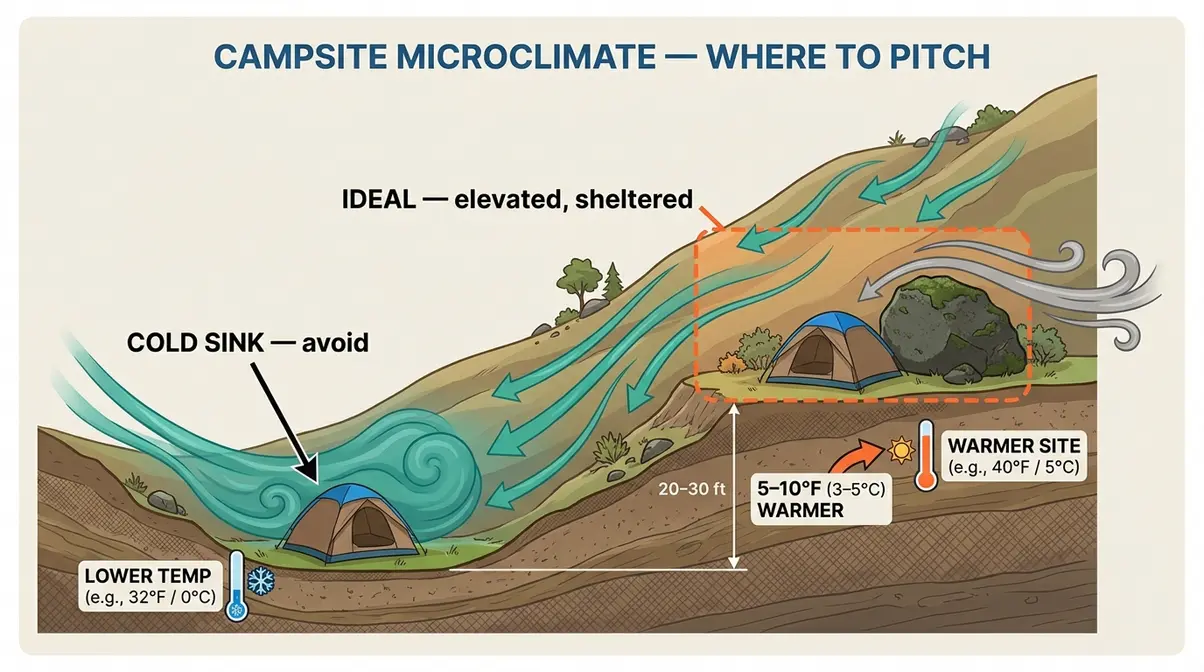 Camping microclimate diagram showing cold air sinking to valley floor and ideal elevated campsite placement for wind and temperature protection