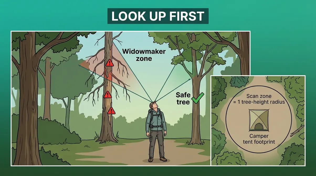 Campsite safety hazard assessment showing widowmaker scan zone and overhead tree inspection technique