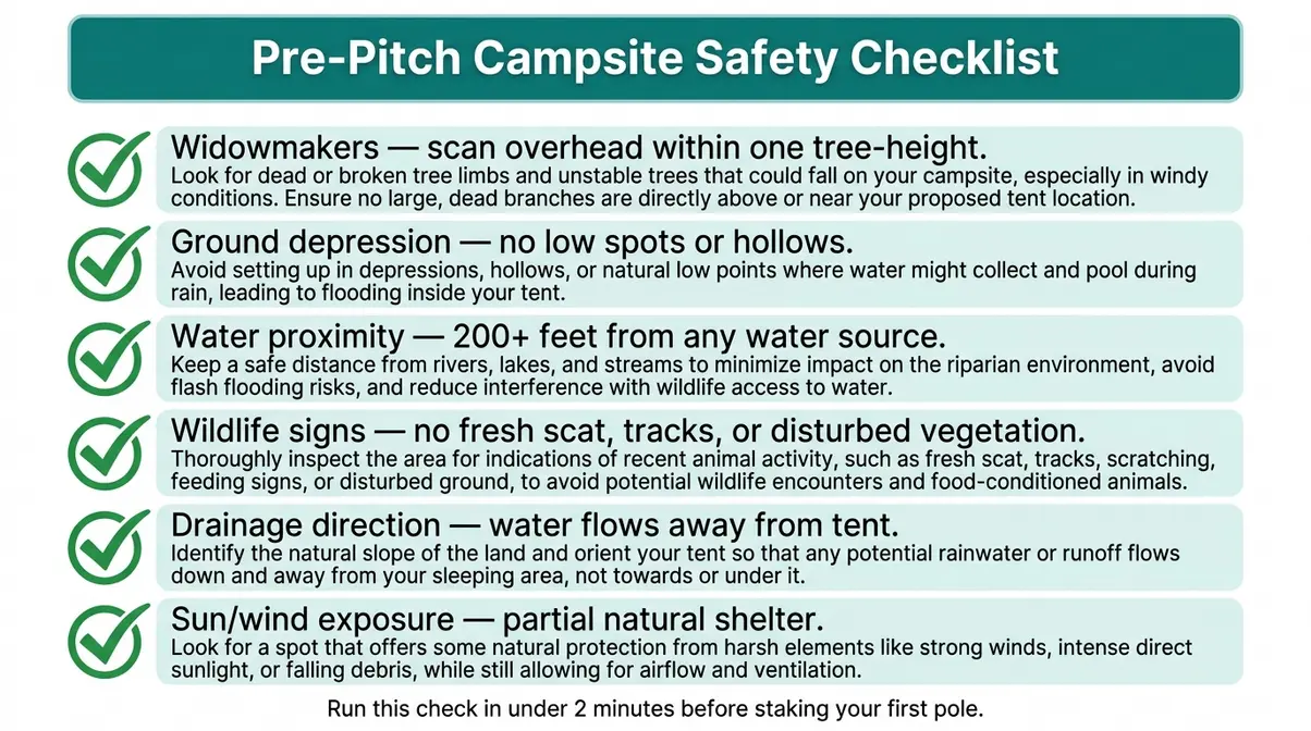 Printable campsite safety checklist covering widowmakers, drainage, ground debris, and wildlife signs for beginner campers
