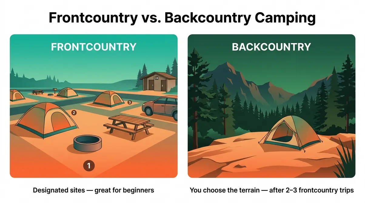 Frontcountry versus backcountry camping comparison showing designated sites versus wilderness terrain selection