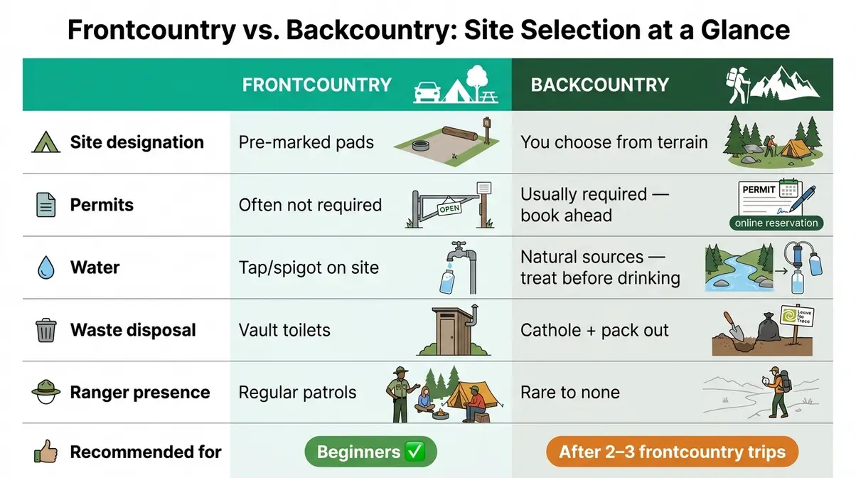 Infographic comparing frontcountry car camping and backcountry backpacking campsite selection rules and priorities