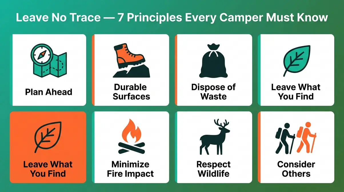 Leave No Trace seven principles illustrated grid showing camping ethics icons for beginner campers