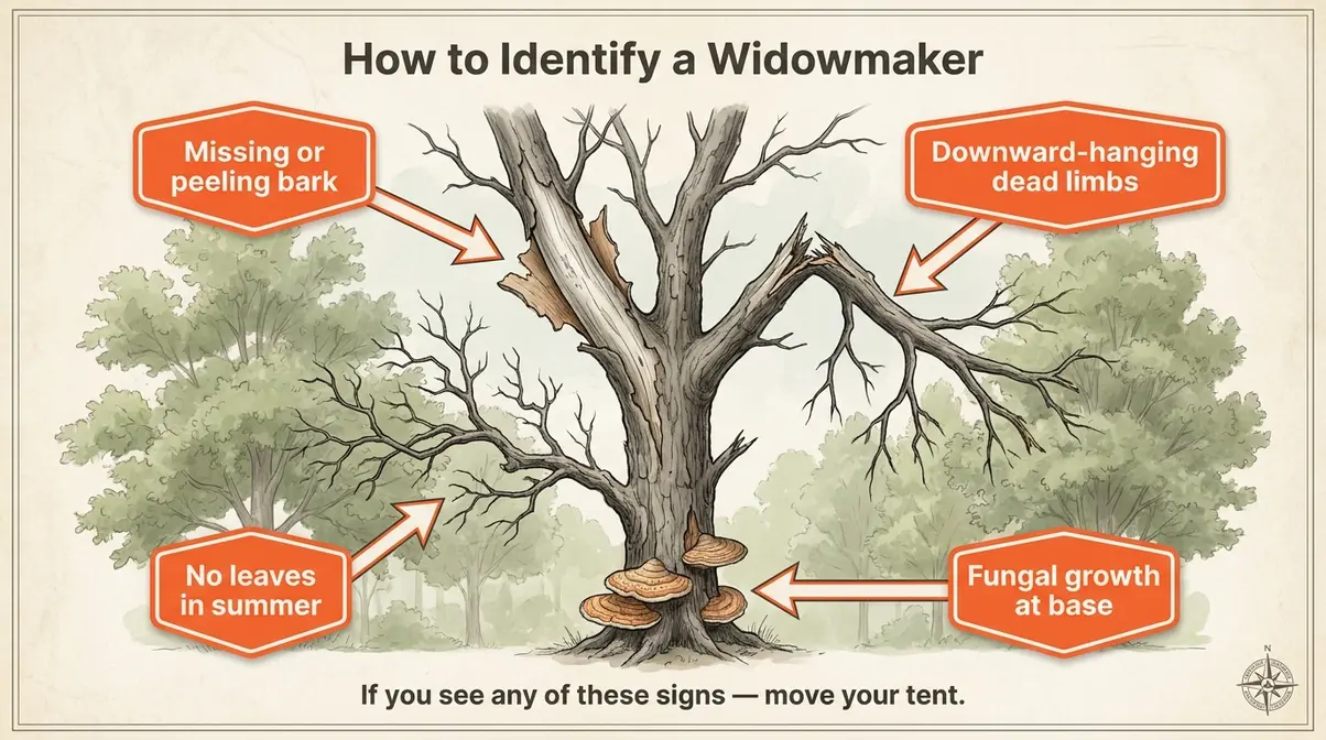 Diagram showing how to identify widowmaker hazardous tree branches before choosing a campsite