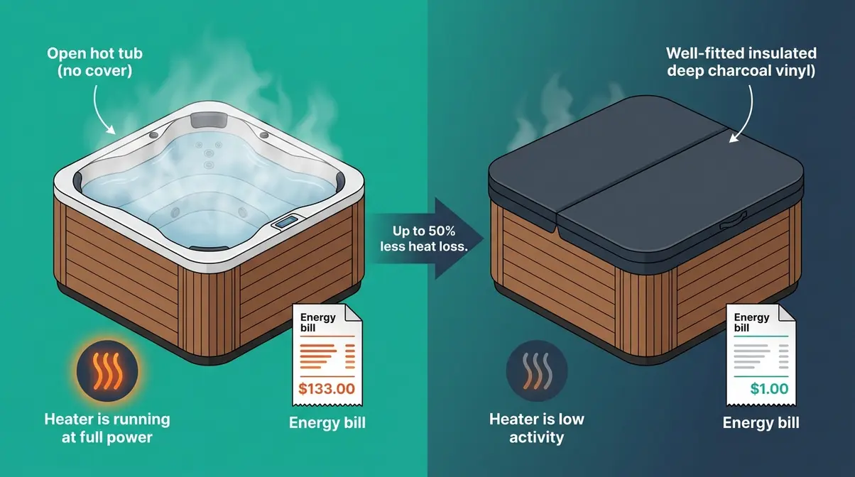 How to Choose a Hot Tub Cover: 5 Steps That Last 1 Hot tub cover heat retention comparison showing uncovered spa versus insulated cover energy savings