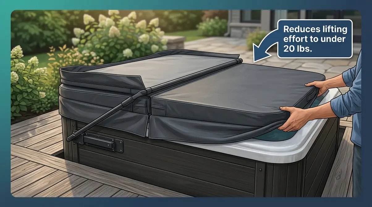 How to Choose a Hot Tub Cover: 5 Steps That Last 8 Hot tub cover lifter system in use showing under-mount pivot arm reducing manual lifting effort