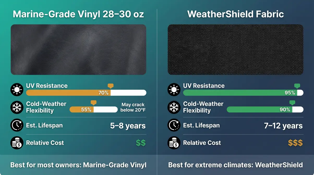 How to Choose a Hot Tub Cover: 5 Steps That Last 7 Hot tub cover material comparison showing marine-grade vinyl vs WeatherShield fabric performance ratings