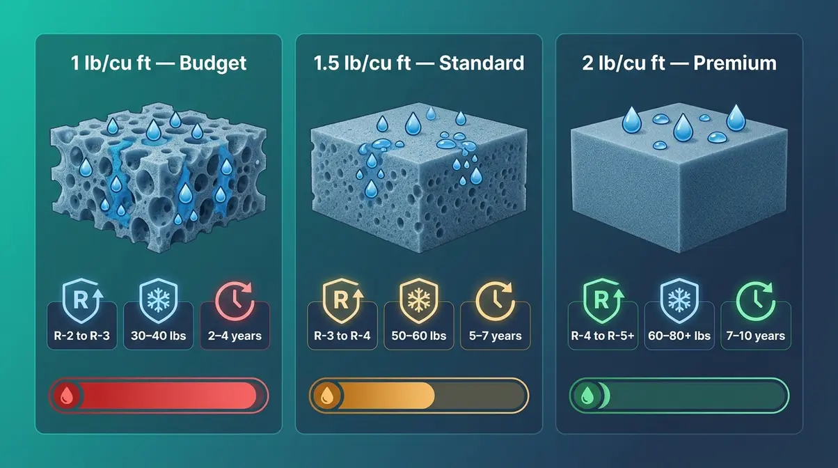 How to Choose a Hot Tub Cover: 5 Steps That Last 5 Hot tub cover foam density comparison infographic showing R-values and water resistance for 1lb, 1.5lb, and 2lb foam