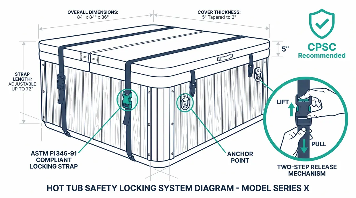 How to Choose a Hot Tub Cover: 5 Steps That Last 9 ASTM F1346-91 compliant hot tub cover safety lock diagram showing strap placement and anchor points