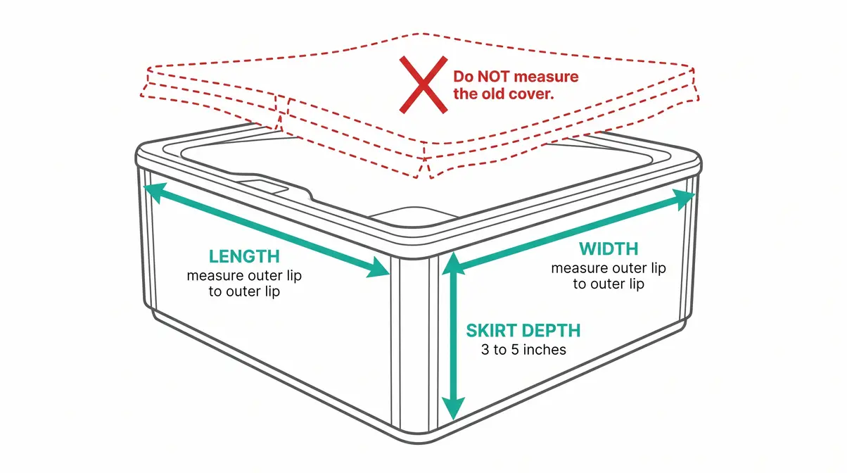 How to Choose a Hot Tub Cover: 5 Steps That Last 3 Diagram showing how to measure a hot tub cover with length, width, and skirt depth labeled
